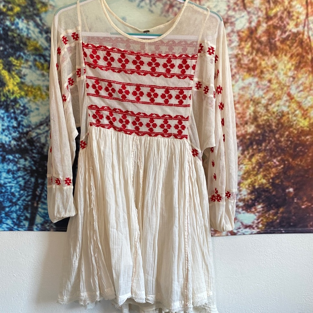 Free People Cream and Red Embroidered sheer Long Sleeve Dress